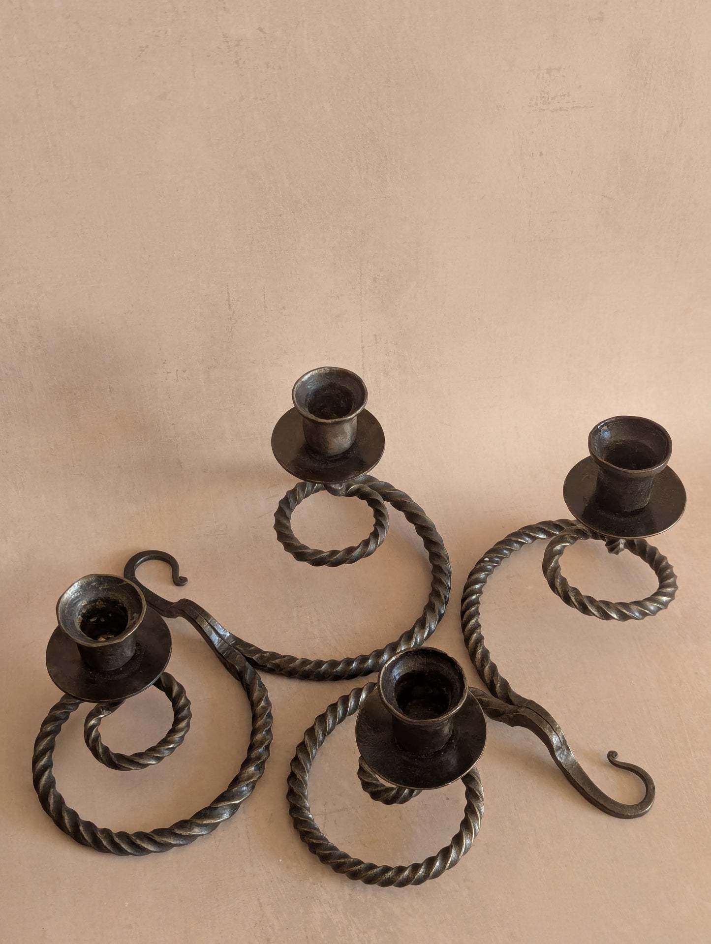 Gothic Wrought Iron Twisted Candlestick Holders, Set of Two