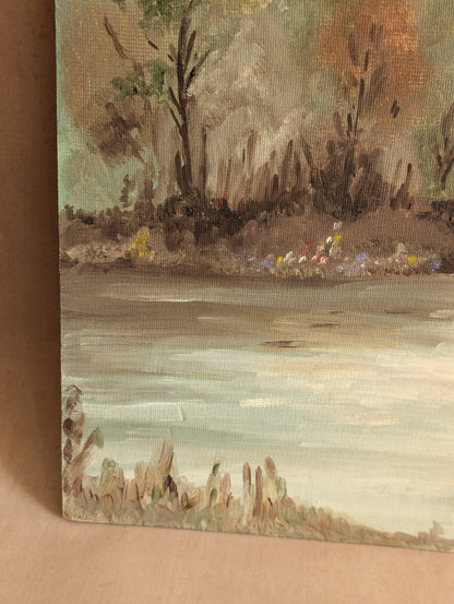 Winter Trees on River, Original Oil Painting on Board