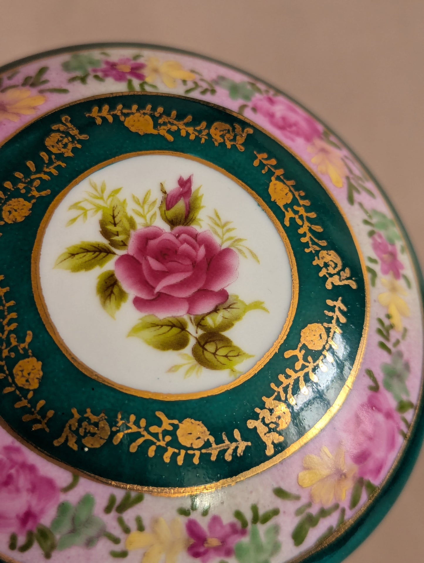 Hand-Painted Teal & Pink Round Ceramic Trinket Box