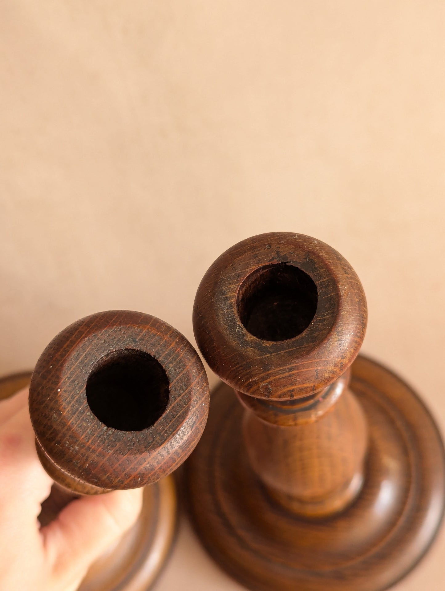 English Oak Hand-Turned Candlestick Holders, Set of Two