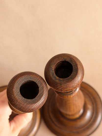 English Oak Hand-Turned Candlestick Holders, Set of Two