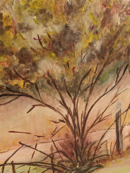 Naive Sunrise Tree Painting, Oil on Board c. 1970s