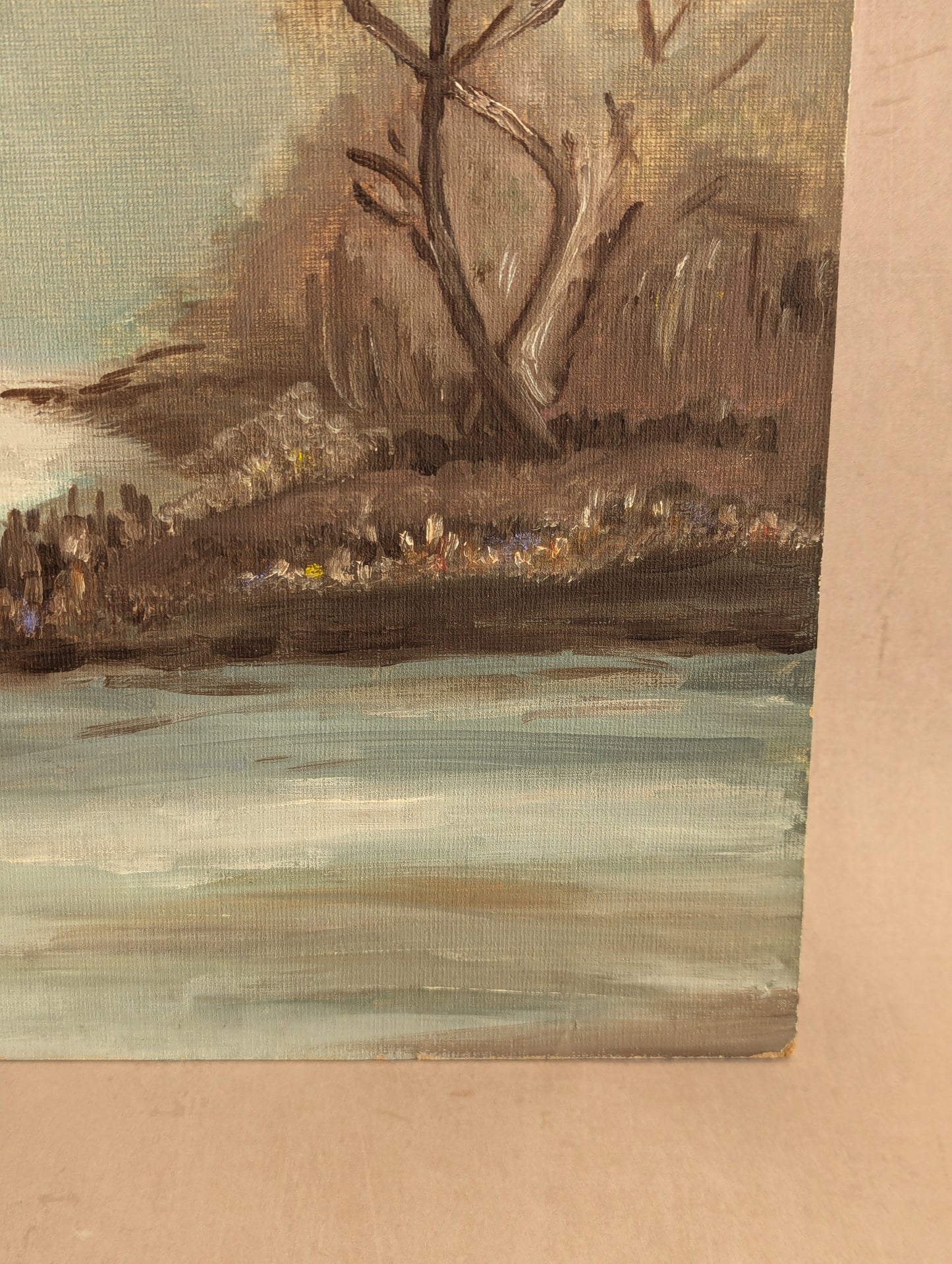 Winter Trees on River, Original Oil Painting on Board