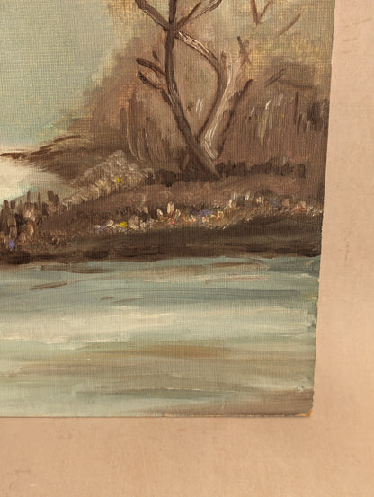 Winter Trees on River, Original Oil Painting on Board