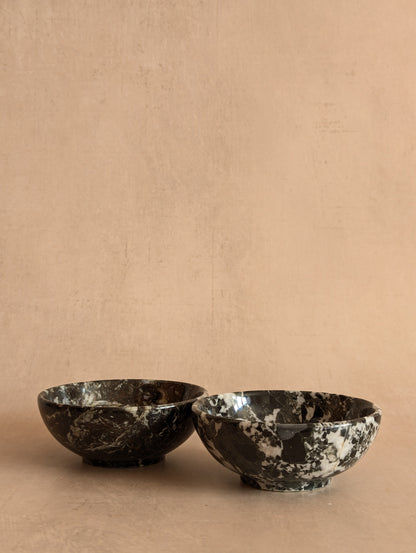 Black Zebra Marble Small Stone Bowls, Set of Two