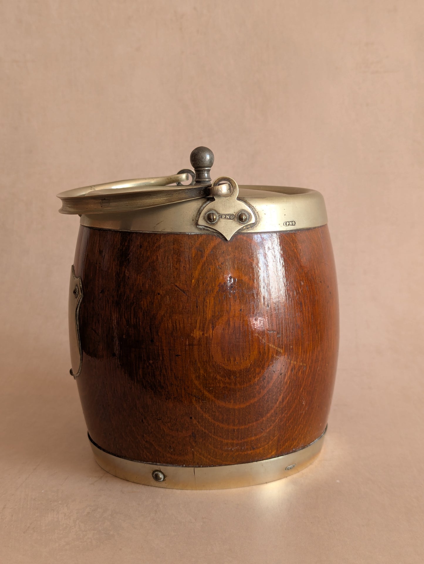 Oak & Silver English Biscuit Barrel or Tobacco Jar